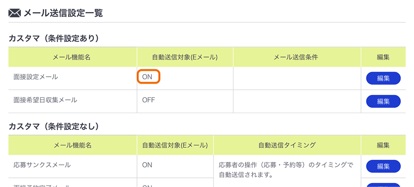 メール送信設定一覧画面で自動送信対象(Eメール)の「ON」がフォーカスされている
